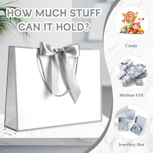 Image of JMANNI Gift Bags with Handles, 13 inch Medium Gift Bag for Presents, 2 Pcs Bags with 4 Tissue Paper and 2 Cards for Baby Shower Wedding Bridal Shower Mother's Day Birthday Party (white-silver)