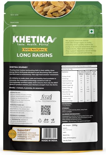 Image of Khetika Premium Long Raisins 200g | Dry Fruits, Dried Kishmish, Dry Grapes, Kismis, High in Potassium, Seedless Raisins, No Added Colour (Pack of 2)