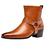 BEMNRVT Men's Harness Boot,Fashion Chelsea Cowboy Western Style Biker Boot Chunky Heel with Strap & Metal,Side Zipper for Casual Formal Tan 12.5 US