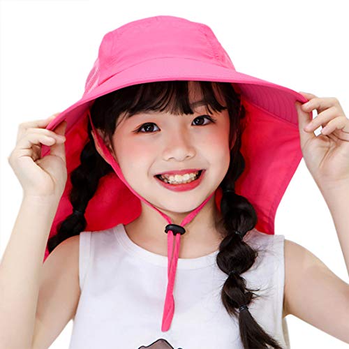 Muryobao Kids Child Girls Boys Summer Sun Hat Wide Brim Uv Protection Upf50+ Hats Mesh Bucket Cap For Beach Fishing With Neck Flap Rose Red #TOP5