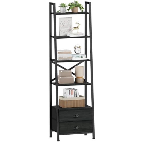Furologee 5-Tier Ladder Shelf with 2 Drawers,Narrow Bookshelf Storage Shelves,Industrial Bookcase Freestanding Shelf Units for Bedroom,Living Room,Bathroom,Home Office,Balcony,Wood Metal, Black Oak