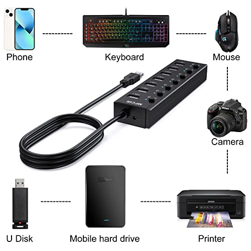 Mfcir-Powered-USB-Hub-7-Port-USB-Data-20-Hub-Multi-Port-USB-Splitter-with-Individual-OnOff-Switches-and-5V2A-Power-Adapter-Charging-USB-Extension-Multiple-for-MacBookLaptopPCComputer