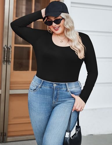IN'VOLAND Women's Plus Size Long Sleeve Shirts Scoop Neck Slim Fitted T Shirt Stretchy Bodycon Basic Tee Tops4