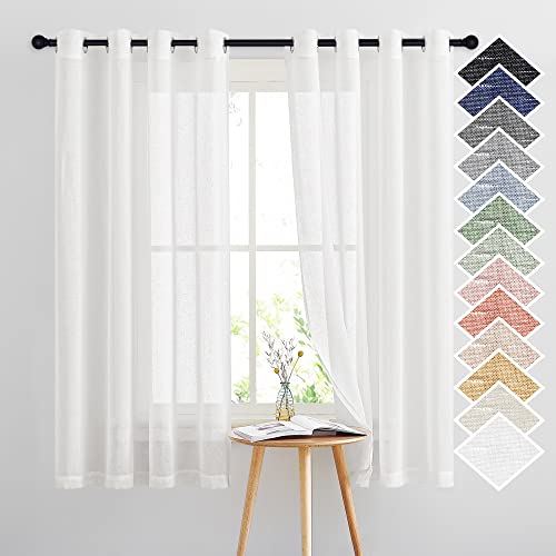 NICETOWN White Linen Sheer Curtains 63 inch Length, Vintage Grommet Linen Textured Semitransparent Privacy Window Treatment Light Filtering for Living Room, 52" W x 63" L, Set of 2