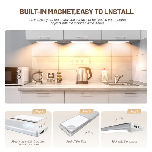 Image of 6 Pack Under Cabinet Lighting Wireless, 58 LED Rechargeable Battery Motion Sensor Light Indoor, Stick On Magnetic Closet Lights, Under Counter Lights for Kitchen, Stairs, Warm 14 in