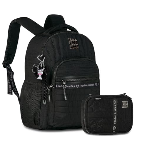 Kit Mochila Rebecca Bonbon Costas Acolchoadas Chaveirinho Com Pompom E Miniatura 3D Bolso Anti-Furto Divisória Interna Estojo Box Escolar 36 Elásticos Grande 100 Pens (RB27001 Preta)