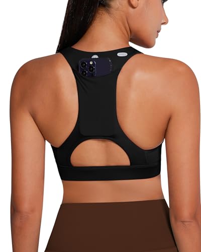 Image of QUEENIEKE BareFlow Women's Sports Bras with Phone Pocket Medium Impact Padded Racerback Workout Gym Crop Top Running Yoga Bra