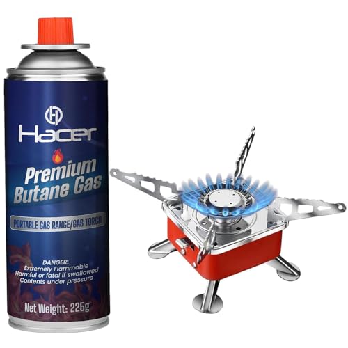 HACER stainless steel Portable Camping Gas Stove & Butane Gas Can Combo Set Ultra Light Foldable Furnace and High Pressure...