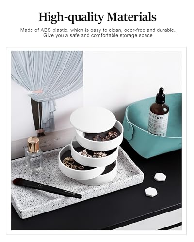 CONBOLA Jewelry Organizer, Small Jewelry Storage Box Earring Holder for Women, 5-Layer Rotating Travel Jewelry Tray Case with Lid for Bracelets Rings Bracelets, Gift for Women Teen Girls(White)4