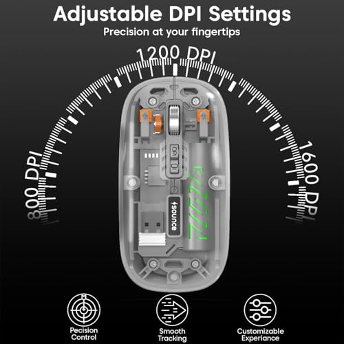 Image of Sounce AeroClick Transparent Wireless and Bluetooth Rechargeable Mouse with 500mAh Battery, 3 Adjustable DPI 800 1200 1600, Dual Bluetooth 5.1 and 2.4GHz Wireless, LED Display for PC Laptop Mac (Grey)