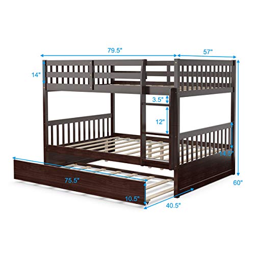 Giantex Full Over Full Bunk Bed With Trundle, Solid Wood Trundle Bed Frame W/Guardrails And Ladder, Convertible To 2 Beds, Full Size Bunk Beds For Adults Kids Teens, No Box Spring Needed,Espresso #TOP1
