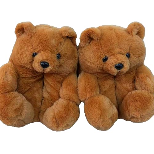 QICAVZW Teddy Bear Slippers Plush Fuzzy Christmas House Shoes for Women Men Winter Cozy Warm Indoor Bedroom Sneaker Slippers Valentine Birthday Gifts (Borwn)