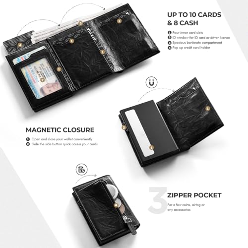 Image of VULKIT Card Holder Wallet with Coin Pocket Magnetic Closure Pop Up Cards With ID Window Leather Wallet for Cash & Credit Cards, Handcrafted Hammered Style - Black, Small, Minimalist