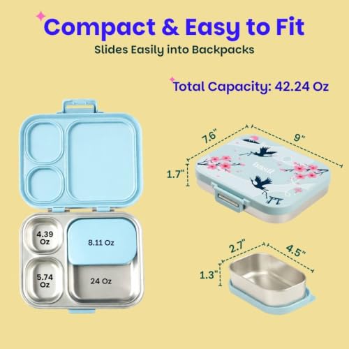 Image of Basil Bento Box Quad Plus - 3+1 Compartment Stainless Steel Lunch Box (1020ml) with BPA-Free Lid | Leak-Proof Tiffin for Kids & Adults | Premium Lunch Box for School, Office & Picnic - Sakura Bloom