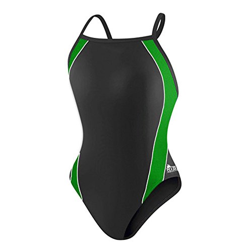 Rise Solid H-Back Poly Splice One-Piece Swimsuit (44, Black/Green)