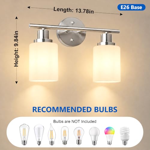 Image of Unicozin 2 Light Bathroom Light Fixtures, Modern Vanity Lights with Milky White Glass Shade, Brushed Nickel Wall Lamp Over Mirror for Bathroom, Living Room, Cabinet, Bedroom, E26 Base
