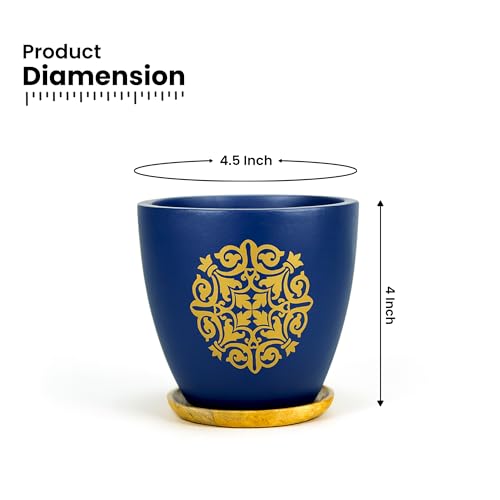 Image of Urban Plant Terracotta Pot with Wooden Saucer - Trendy Planter for Modern Home & Garden Spaces (Motif Terracotta Pot - Blue)