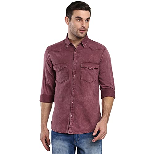 Image of Dennis Lingo Men's Solid Slim Fit Cotton Casual Shirt with Spread Collar & Full Sleeves