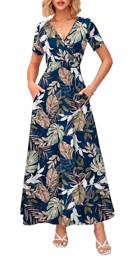 Image of WNEEDU Women's Summer Maxi Dress Short Sleeves Wrap V Neck Long Dresses with Pockets