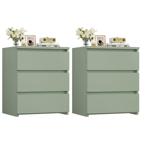 Image of FOTOSOK Nightstand Set of 2 White Nightstand with 3 Drawers, White Bedside Table Night Stand for Bedroom with Cut-Out Handle, Sofa Side Table for Bedroom, Green