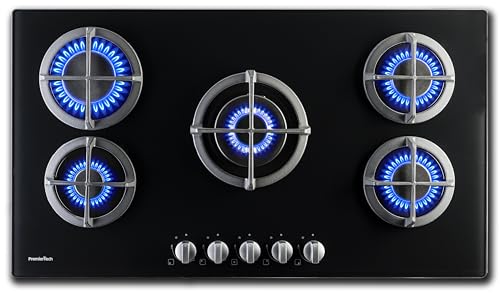 PremierTech Piano Cottura a Gas, 5 Fuochi, 90 cm, Vetro Nero, Supporti in Ghisa Professional, predisposto a Metano e Kit Ugelli GPL inclusi, Design Elegante - PC5G90V