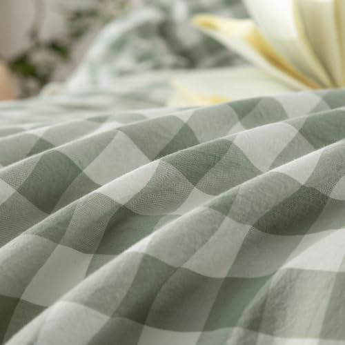 Image of BESTOUCH Gingham Cotton Duvet Cover Set Sage Green Super Queen | Washed Cotton, Linen Feel, Soft Wrinkle Texture, Hidden Zipper, 8 Ties, Breathable Lightweight Durable Comfy, 3 Pcs No Insert