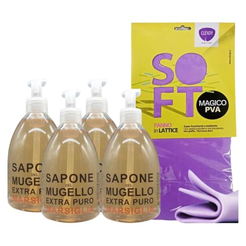 Sapone Extra Puro,MARSIGLIA, Per Mani, Viso e Corpo, Con Estratto Biologico Di Foglia Di Olivo 500ml + Panno SOFT In Lattice, Formato 30x30cm (4 Unità + Panno)