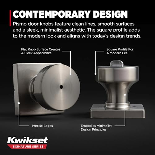 Image of Kwikset Pismo Interior Square Privacy Door Knob with Lock, Door Handle for Bathroom and Bedroom, Satin Nickel Keyless Push Button Lock Doorknob