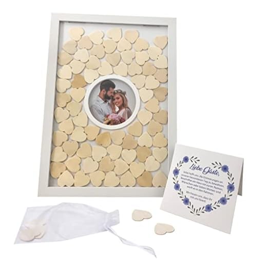 Marco de madera del libro de visitas de Jandiklee, incluyendo corazones de madera para escribir y marco de fotos integrado para bodas, bautizos, cumpleaños, fiestas de bebés.