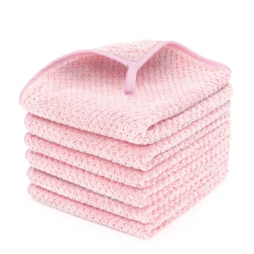 MaopaoBeauty 6 Piece Washcloth Set 100% Microfiber - Quick Dry Thick Soft Plush and Highly Absorbent Luxury Hotel & Spa Bath Towel for Bathroom Pack of 6 Pink