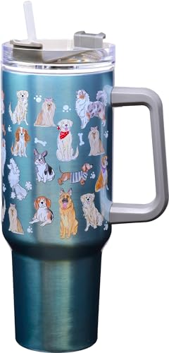 Spoontiques Stainless Steel Travel Mug, 40oz - Double Wall Insulation, Sturdy Handle, Sliding Lock Travel Lid - Dog Doodles
