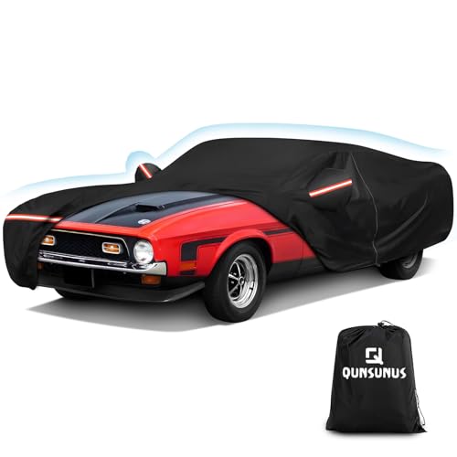 Image of QUNSUNUS Waterproof Car Cover for Ford Mustang 1969-1973, Outdoor Car Covers with Zipper, All Weather Full Exterior Cover with Straps and Elastic Edges for Wind, Sun, UV and Dust Protection