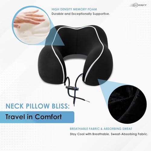 Image of Neodrift TravelNeck Pro - Memory Foam Travel Neck Pillow with Head Support for Airplane, Car, Train, Bus, and Home Usage with Velvet Cushion (Black)