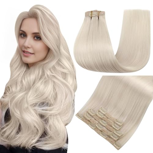 Easyouth Clip in Human Hair Extensions Blonde Clips in Hair Extension Real Human Hair White Blonde Clip ins Extensions Remy Natural Hair for Women 12Inch 70g 5Pcs #1000