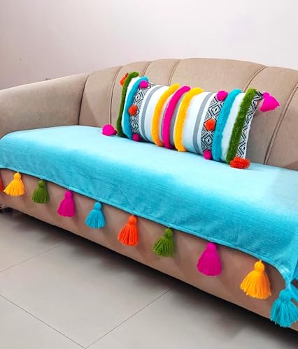WWW.THROWPILLOW.IN Blue Tassel Sofa Cover 3 Seater: Slipcover: Anti-Slip,Sofa Throws for Seater:Sofa Seat Seater, Size: 65 x 170 CMS