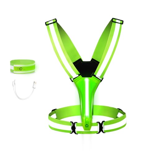 Pomerol LED Reflective Vest Running Gear High Visibility Reflective Running Gear Rechargeable Light Up Running Vest for Walking Running Cycling, Adjustable for Men Women ? 4Lights Colors +LED Wrist?
