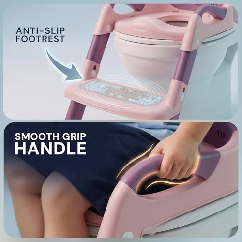 Image of Baybee Aura Pro Baby Ladder Potty Training Seat for Kids | Foldable Baby Western Toilet Seat with Adjustable Height, Grip Handle & Backrest | Potty Training Seat Chair for Kids 1 to 8 Years (Pink)