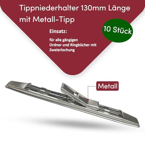ggm Tippniederhalter Niederhalter Ordnerklemme 123mm für Ordner und Ringbücher, TIPP aus Metall, 10 Stück