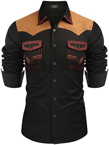 COOFANDY Men's Western Cowboy Shirt Embroidered Long Sleeve Slim Fit Casual Cotton Button Down Hippie Shirts with Pockets