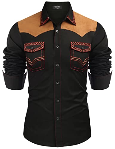 COOFANDY Herren Western Cowboy Hemd Bestickt Langarm Slim Fit Casual Baumwolle Button Down Hippie Shirts mit Taschen, Schwarz , XL