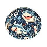 Cartoon Shark Print Shower Caps for Women, Reusable Double Layers Elastic Band Long Hair Bath Caps for Shower