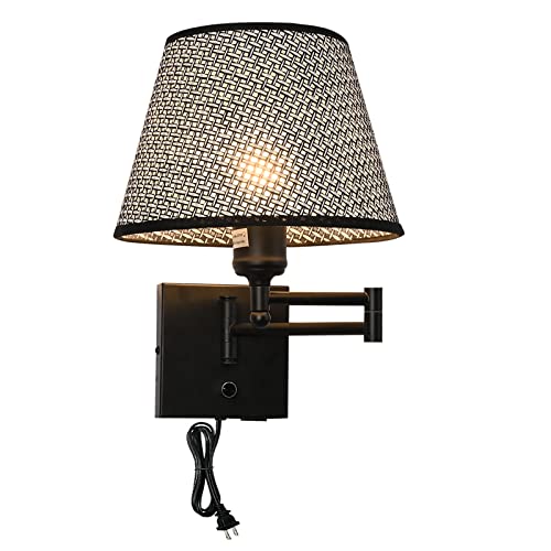 Dimmable Wall Lamp with USB Port, Swing Arm Bedside Wall Mounted Lamp, Wall Lamp with Plug in Cord, Plug in Wall Sconces with Rattan Shade, Classic Design Wall Light Fixtures for Hotel and Residential