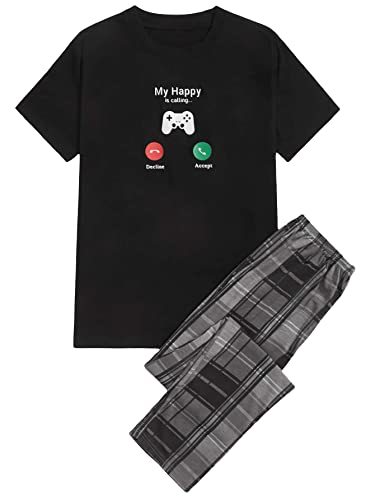 GORGLITTER Men's Graphic Print Short Sleeve T Shirt and Plaid Pants Pajamas Set Sleepwear