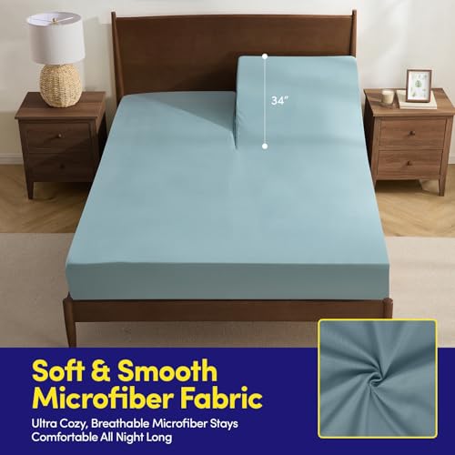 Image of Split Head King Sheets Set for Adjustable Beds 4 Piece Flex Top Bed Sheets - Deep Pocket Split Top Fitted Sheet with Built-in Corner Straps, Luxury Soft Cooling Bedding, Wrinkle Resistant, Misty Blue