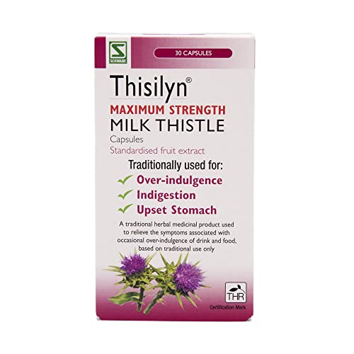Schwabe High Strength Milk Thistle - Thisilyn Maximum Strength - Traditionally Used for Relief of Overindulgence Indigestion Upset Stomach - Traditional Herbal Medicinal Product - 30 Capsules