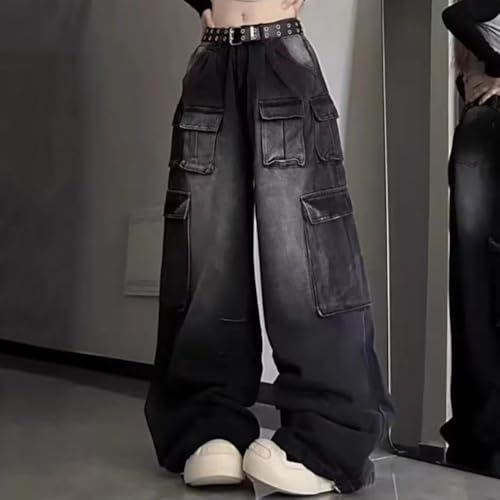 Summer Plus Size Baggy Straight Wide Leg Jeans for Women Unisex Washed Black Multi-Pocket Cargo Denim Pants2