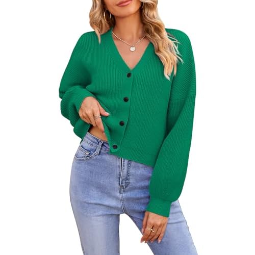 Pink Queen Women's 2024 Fall Button Down V Neck Batwing Long Sleeve Ribbed Knit Cropped Cardigan Sweater Top Small Green