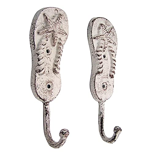 Beach Themed Decor- Cast Iron Pair of White Washed Flip Flop Wall Hooks, Set of 2, 6.5 Inches - Image 3