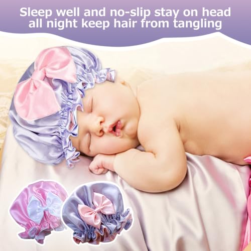 2 Pieces Kids Satin Bonnet for Sleeping, Adjustable Sleeping Cap Soft Silk Flower Night Hats with Cute Bow Design for Natural Hair, Fit for Toddler Child Baby Girls and Boys 2-5 Years Old2