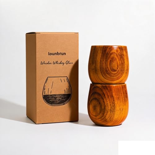 Wooden Bourbon Glass Set of 2, Weber Handcrafted Oak Whiskey Tumblers with Gold-Foiled...